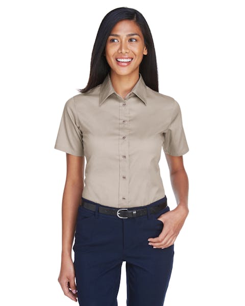 Harriton M500SW Ladies' Easy Blend Short-Sleeve Twill Shirt withStain-Release